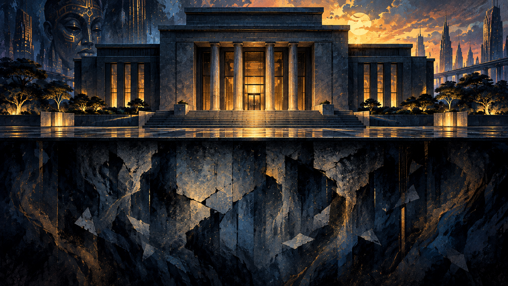 A grand institution glowing above while its foundation cracks below